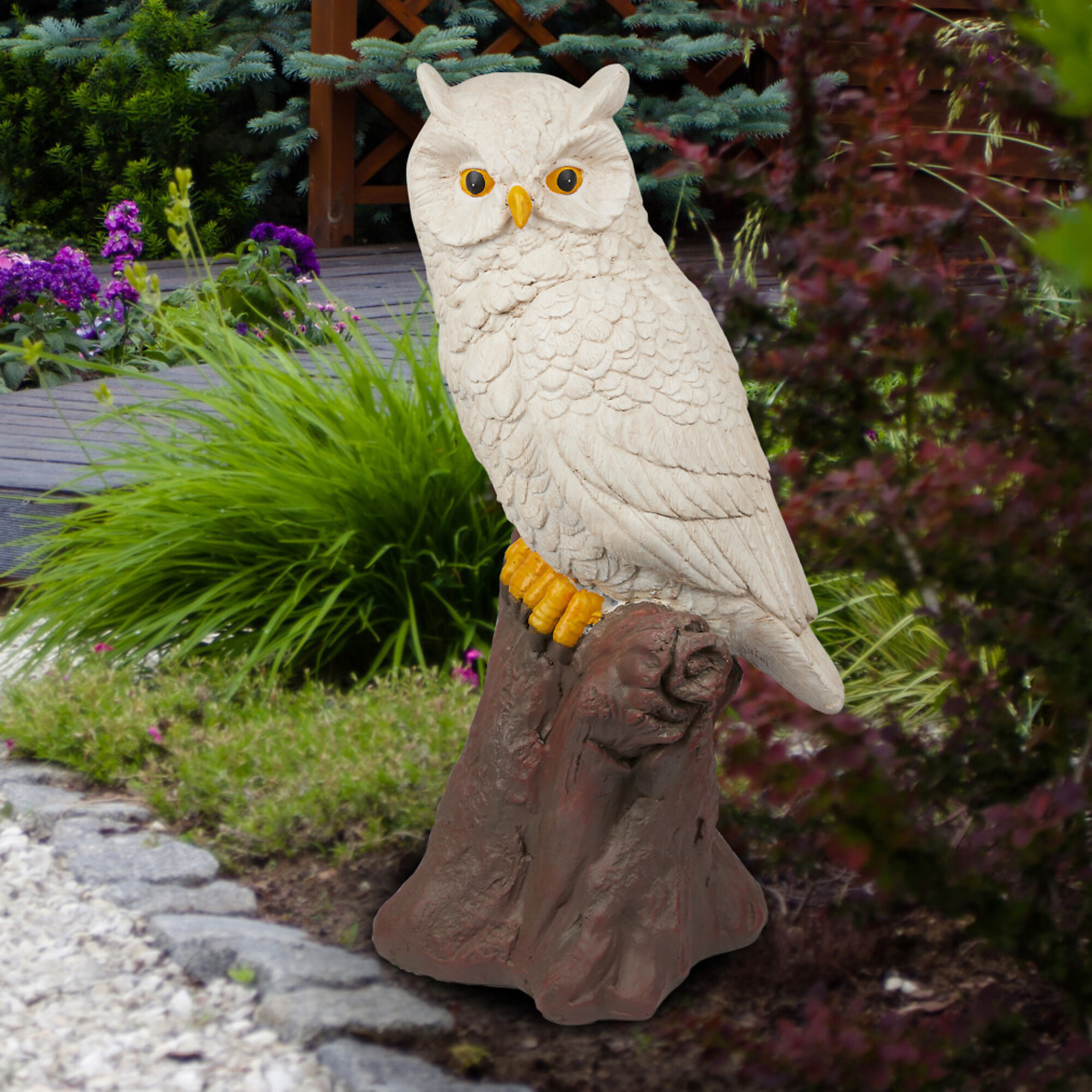 Alpine Corporation, White Owl on Tree Trunk Statuary, Model# JUM584